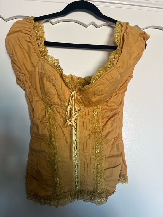 Tops - Mustard Yellow Lace Trim Corset Top